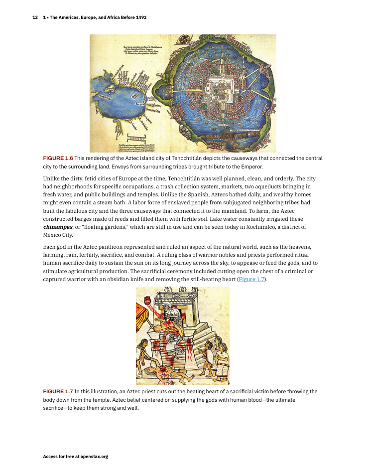 A history textbook page showing a rendering of the Aztec island city of Tenochtitlan connected by causeways, and an illustration, surrounded by body text.
